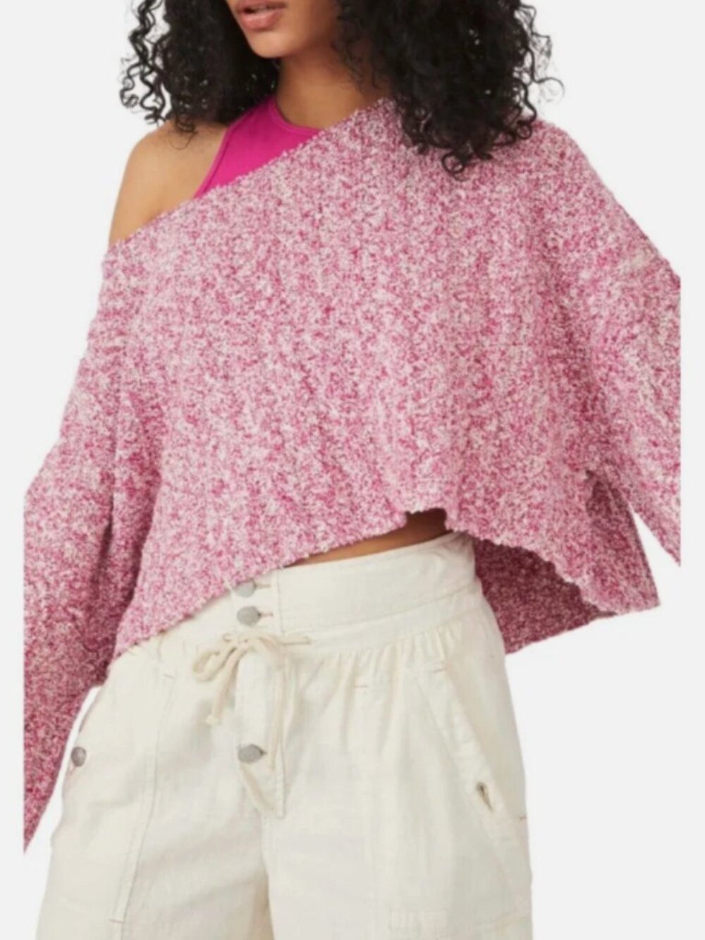 Free People Pink Good Day Cropped Pullover Sweater wide neck off shoulder M